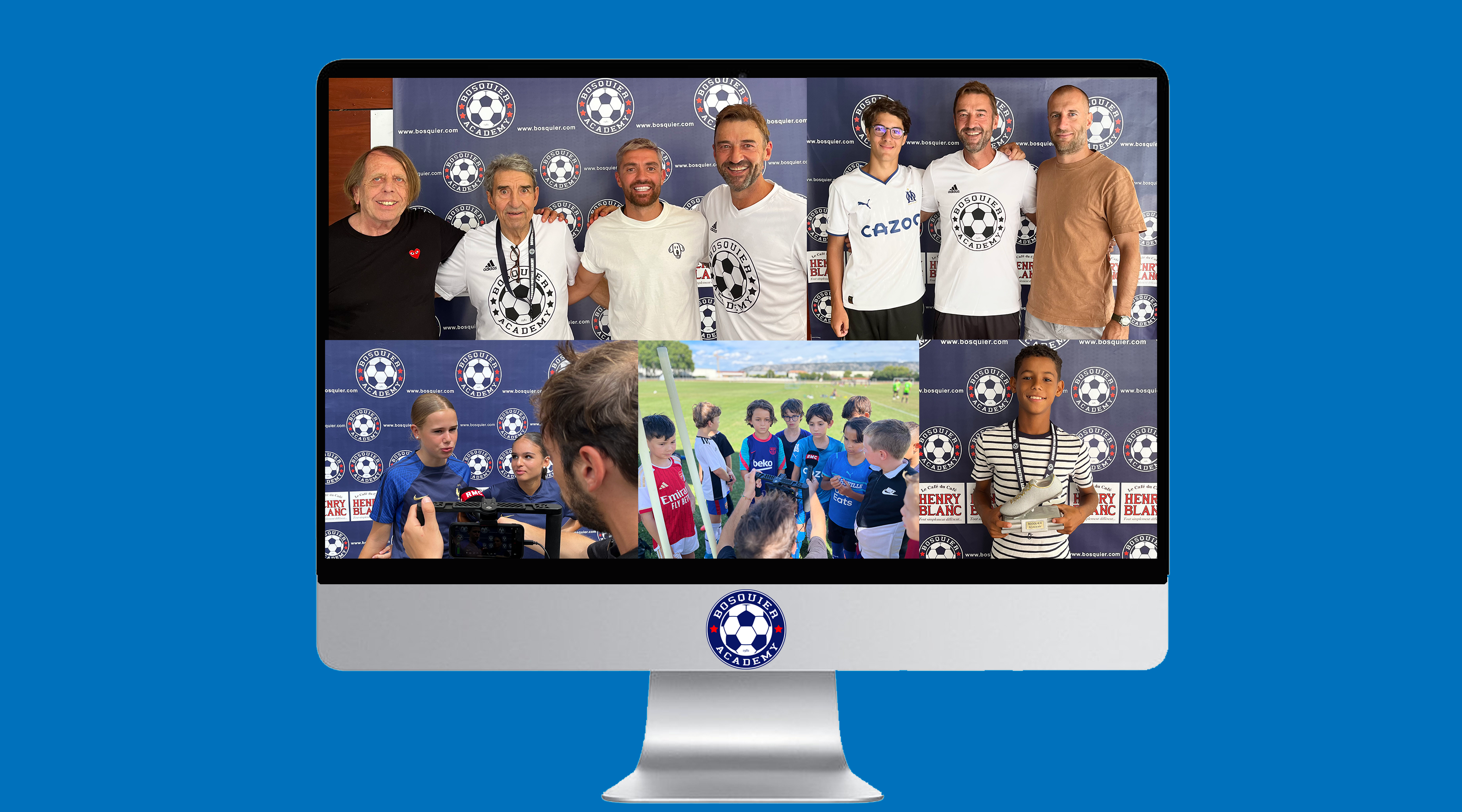 Nicolas bosquier, claude leroy, bernard bosquier, anthony Mounier et Benoit Cheyrou à la Bosquier Football Academy en 2023